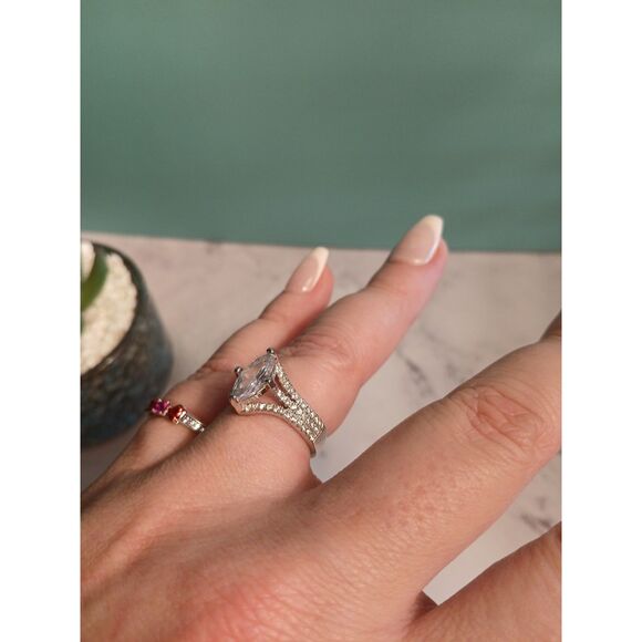 3Ct Marquise-Cut White Sapphire Halo Ring – Split Shank, 14K White Gold Plated - Picture 8 of 15